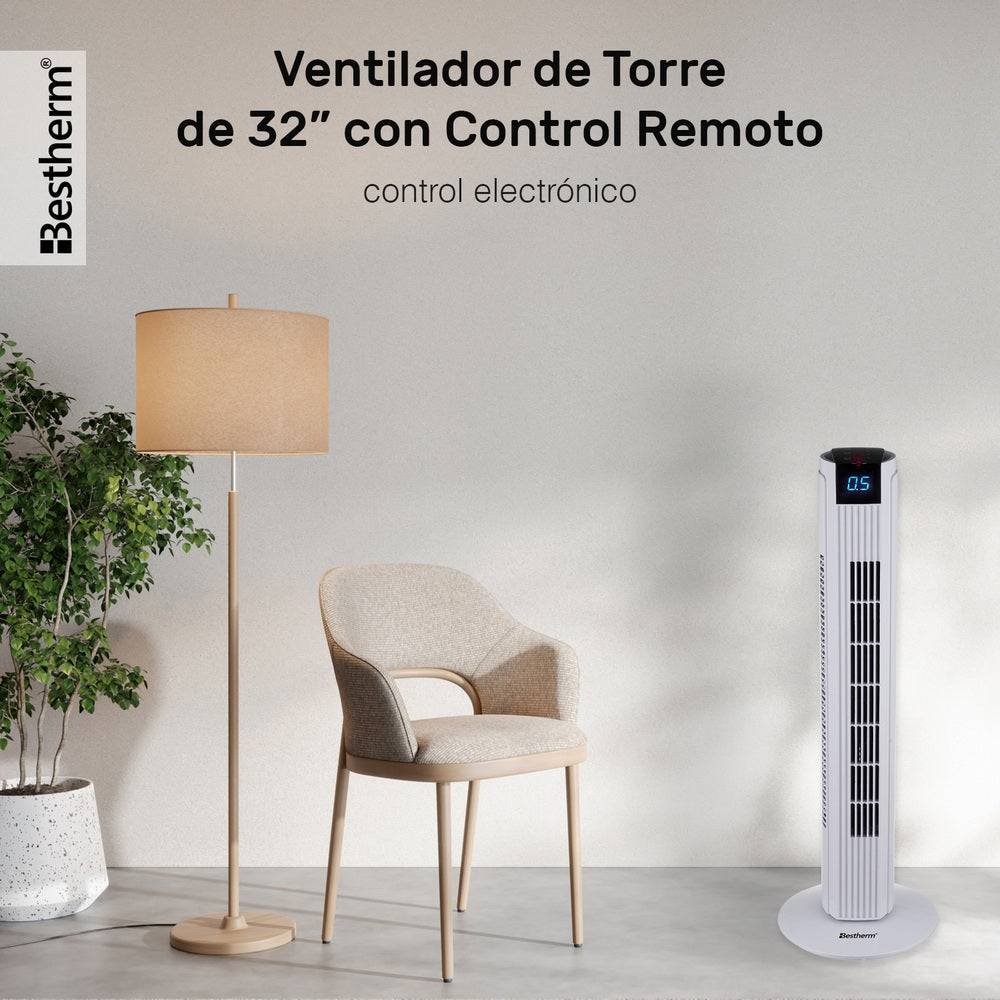 Ventilador de torre de 32 pulgadas con control remoto y pantalla LED